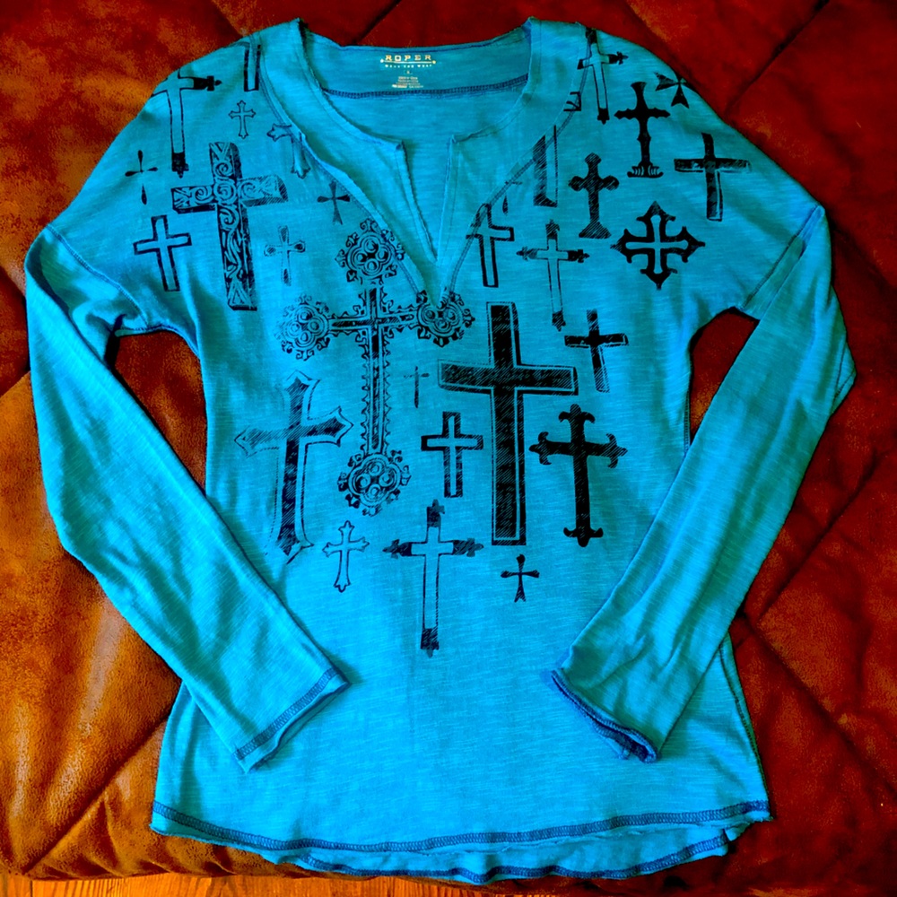 Roper Turquoise Cross Print Long Sleeve Tee Shirt